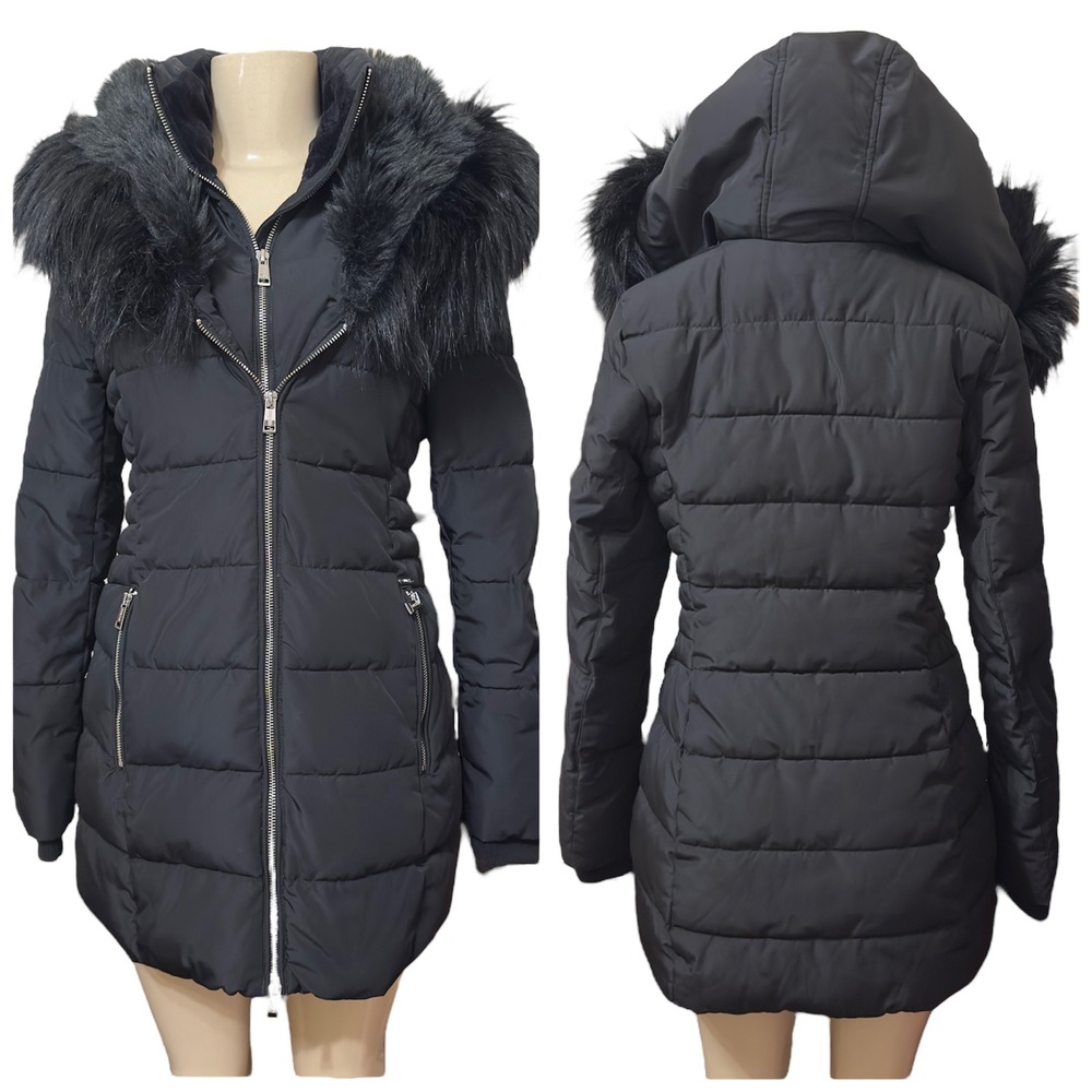 Guess Los Angeles Womens Black Quilted Puffer Jacket Faux Fur‎ Hood Size S